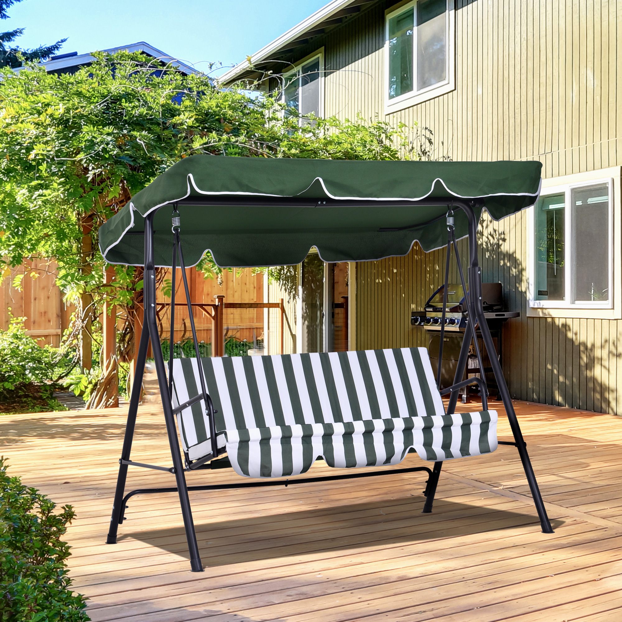 Cadeira de balanço de jardim Outsunny de 3 lugares com cobertura, teto impermeável com ângulo ajustável para pátio externo, varanda, carga máxima de 200 kg, aço, 172x110x153 cm, verde