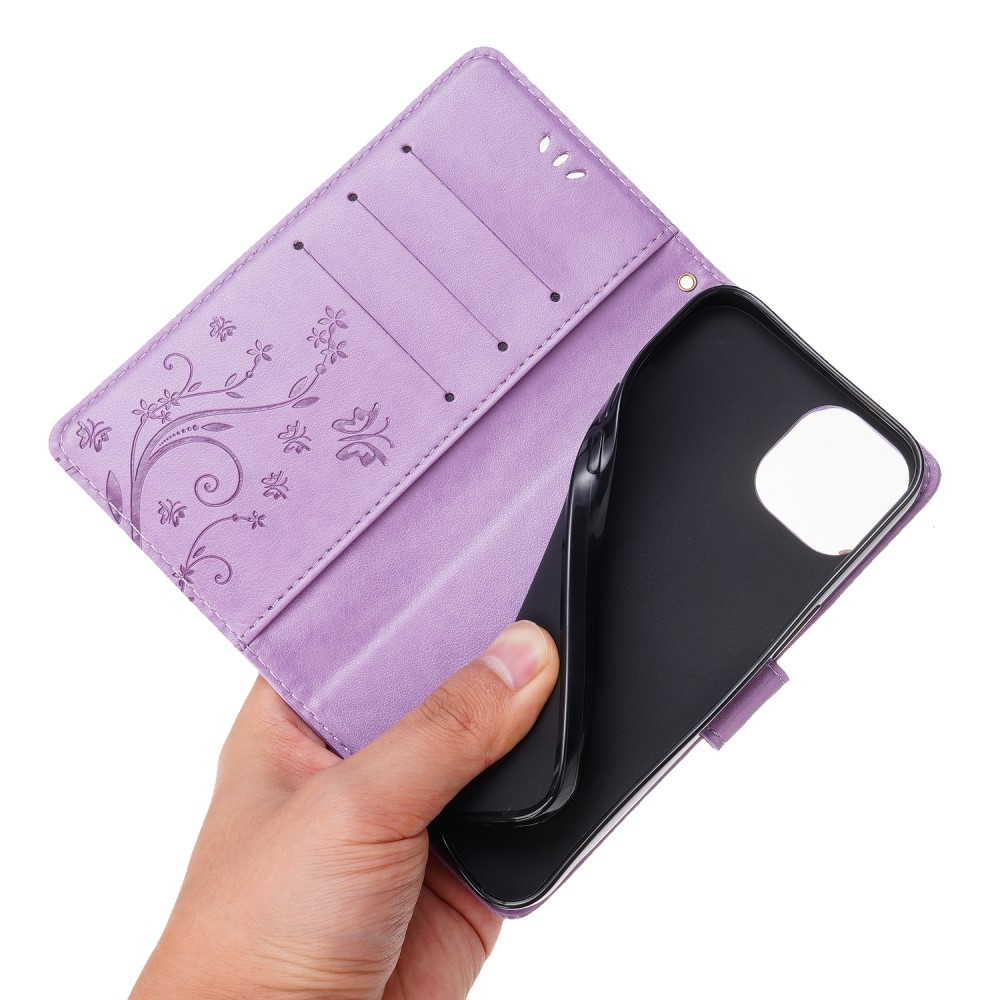 iPhone 13 Leder Tasche mit Kartenfach   Handschlaufe Butterfly Flowers - Lila