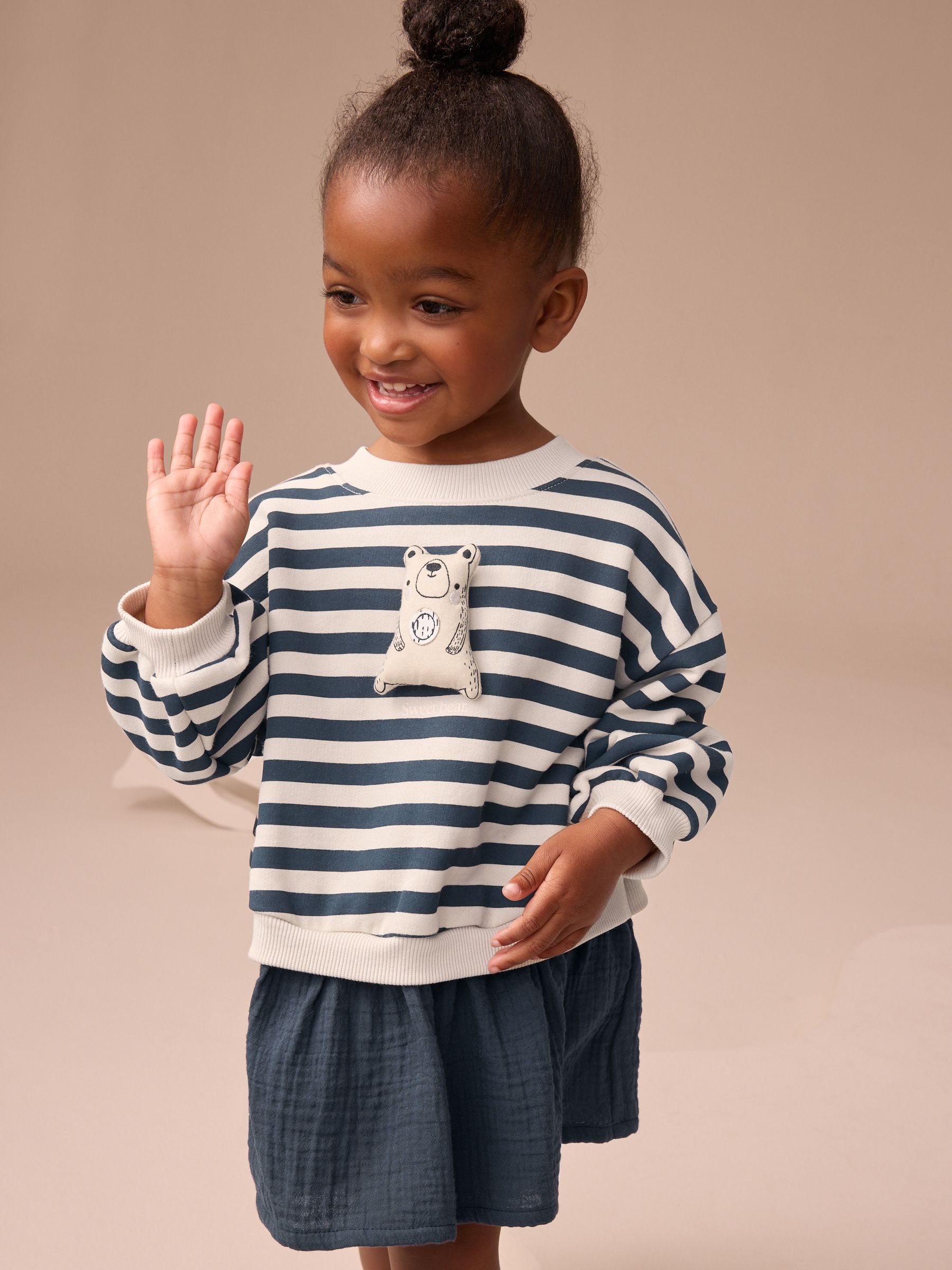 Marineblauw gestreept - Sweatjurk met mesh rok (3mnd -7jr)
