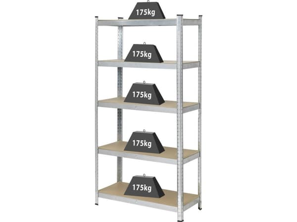 TOOLCRAFT TO-7863108 Reol til tunge genstande 175 kg (B x H x T) 900 x 1800 x 400 mm Metal, MDF galvanisk forædlet Forzinket, Sølv