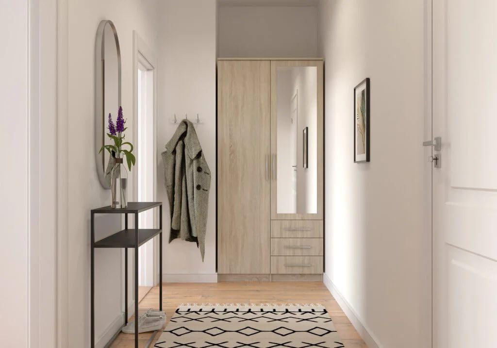 Fabryka Mebli Idźczak Kleiderschrank mit Spiegel, 2 Türen, 3 Schubladen - Drehtürenschrank - Schlafzimmerschrank - 61 x 100 x 207 cm - Wohnzimmerschrank - Garderobenschrank, Sonoma Schrank