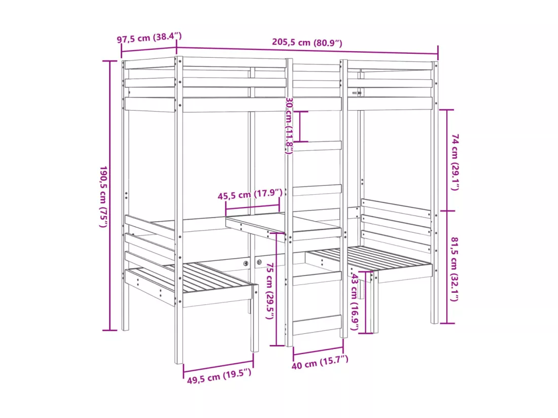 Lit mezzanine avec bureau et chaises 90x200 cm pin massif