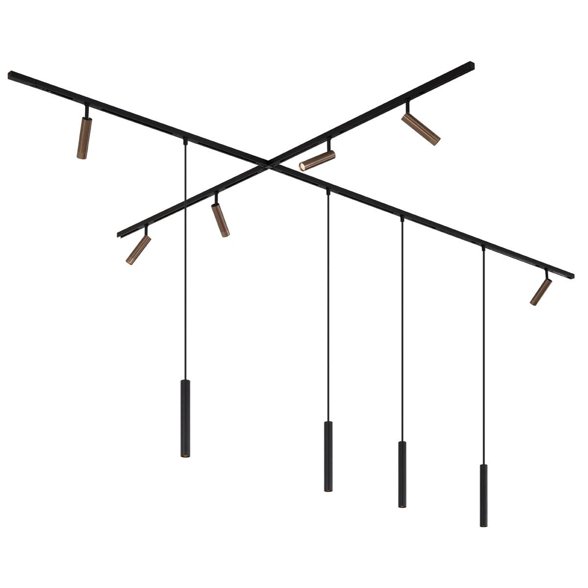 Modern railsysteem met 6 spots en 4 hanglampen donker brons 1-fase - Slimline Uzzy Keno