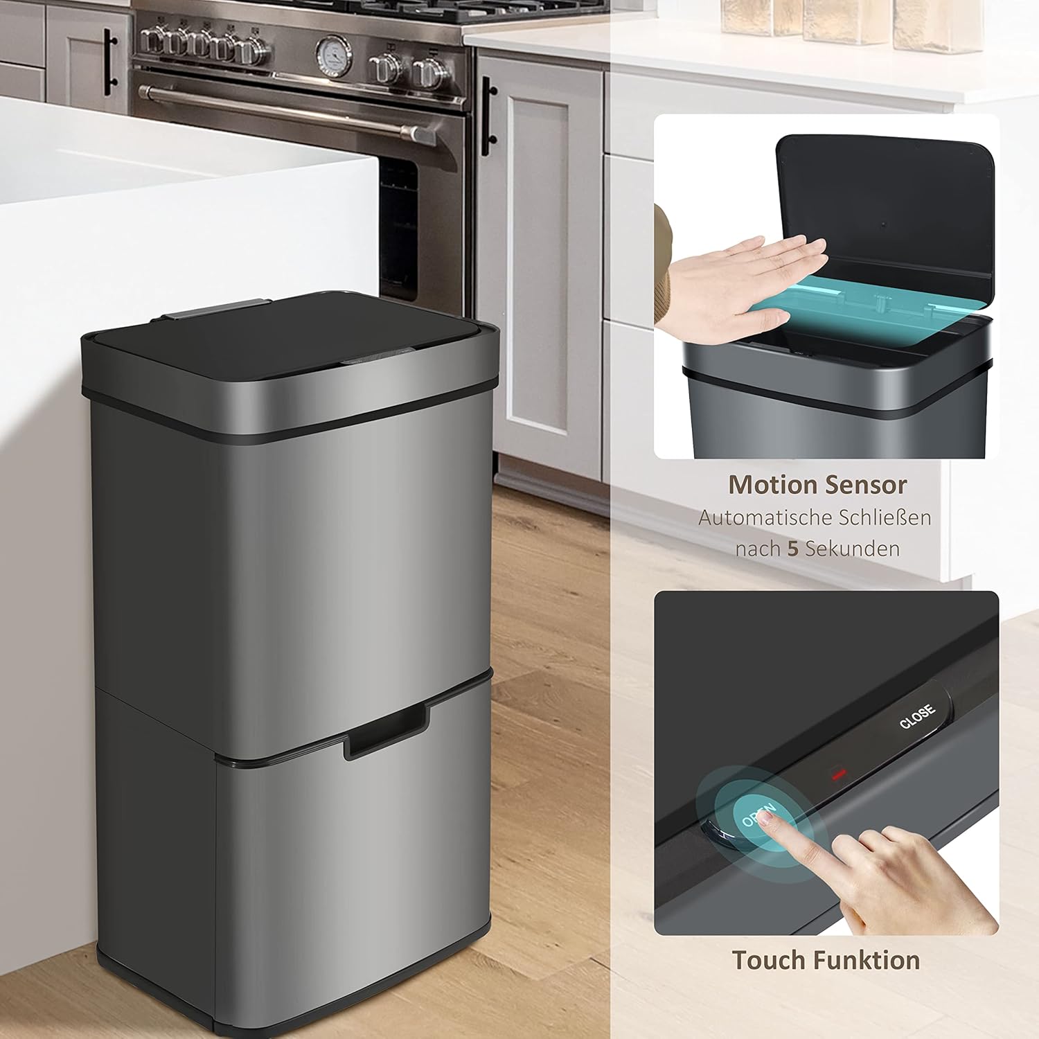 Ribelli Edelstahl - Mülltrennsysteme mit 3+1 Fächer - Mülleimer mit Sensor - 72 Liter (2x12 + 1x48 L) - Design Treteimer aus Edelstahl - Grau