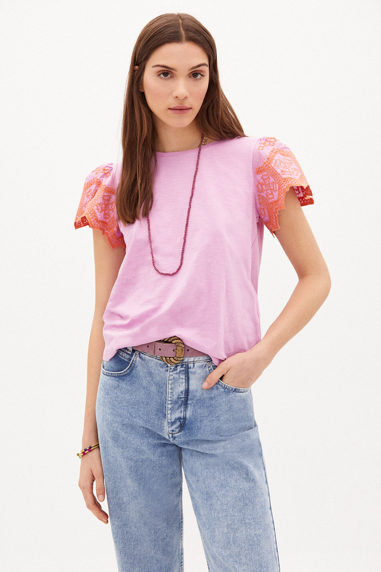 Camiseta Marie de algodão bordada - Rosa