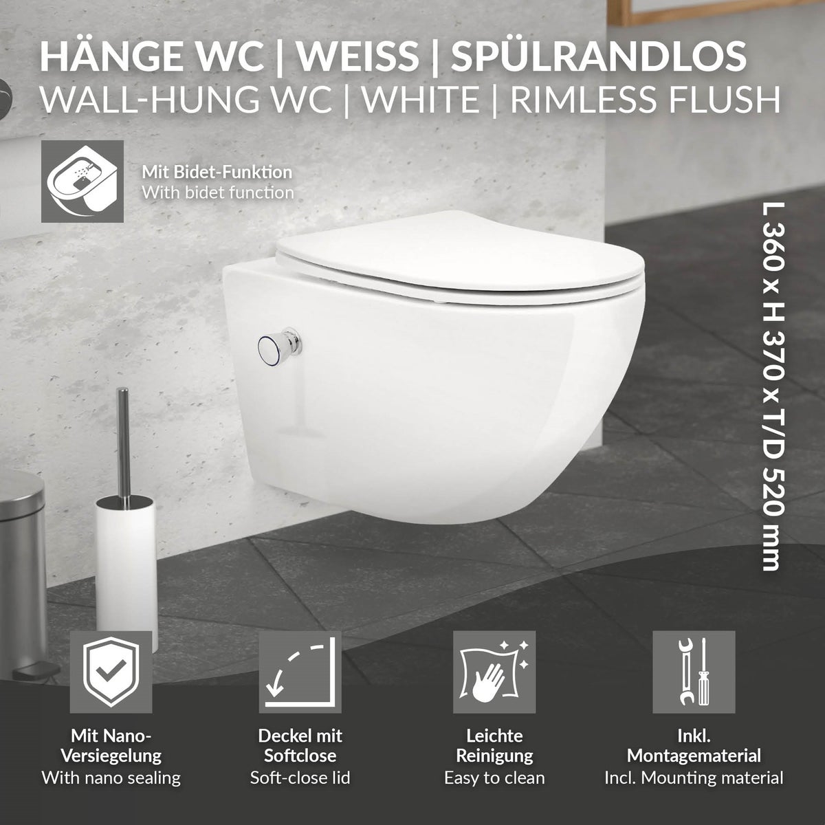 ECD Germany Randloos wandcloset, 52 cm lang, wit met bidetfunctie, nanocoating, keramisch wandcloset met afneembare Duroplast-zitting, softclose-mechanisme, diepspoeltoilet met lotuseffect