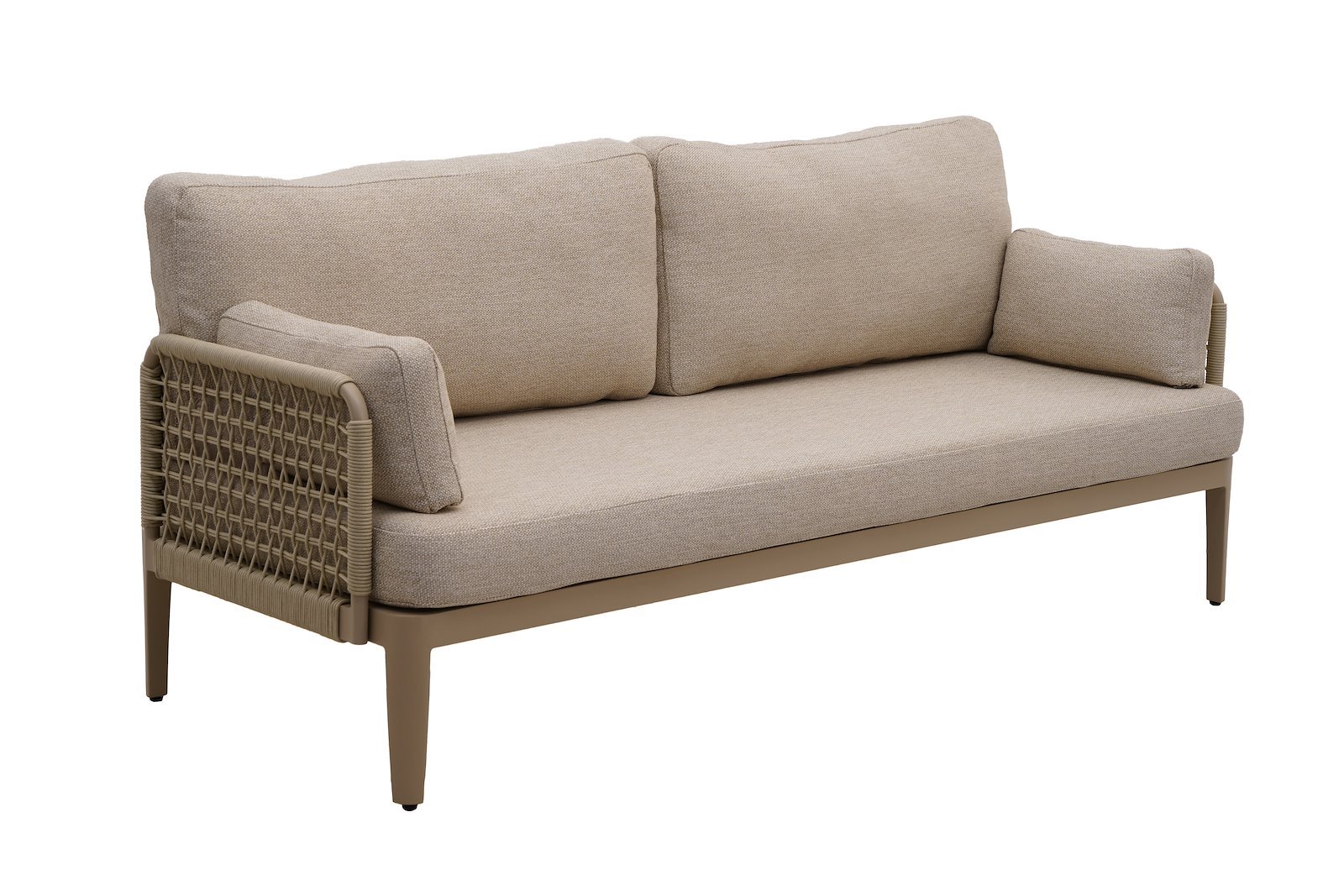 Sailon 3 seter hagesofa Hagesofa, 3-seter med beigelakkert aluminium og sider i naturfarget tau. Beige puter.
