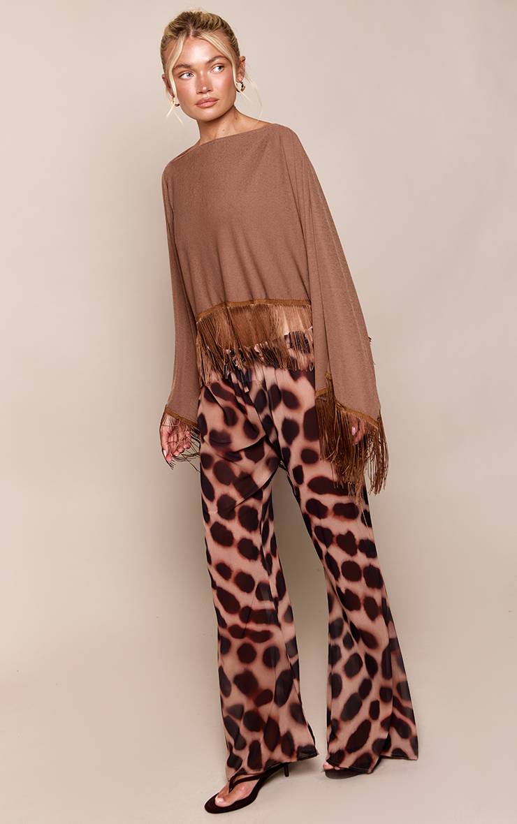 Marron Pantalon Fluide Large En Mousseline Imprimé Animal