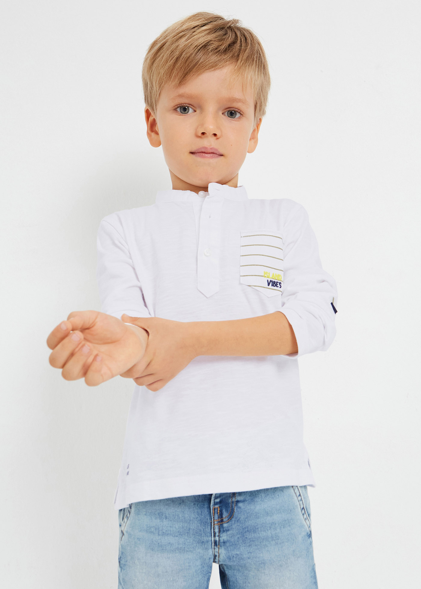 Camisa polo de manga comprida com gola mandarim em algodão para meninos