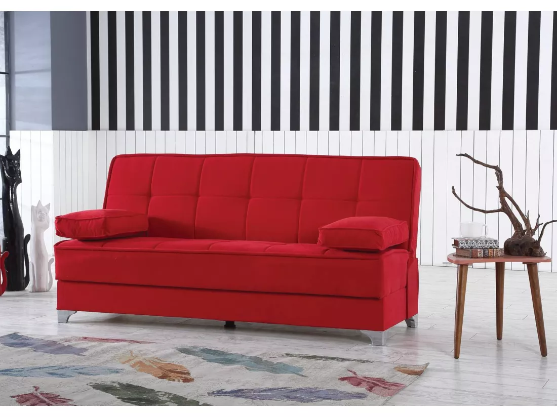 Canapé Dasson, Canapé à rangement linéaire avec 2 coussins inclus, Canapé de salon en tissu rembourré avec ouverture clic-clac, 190x87xh91 cm, Rouge