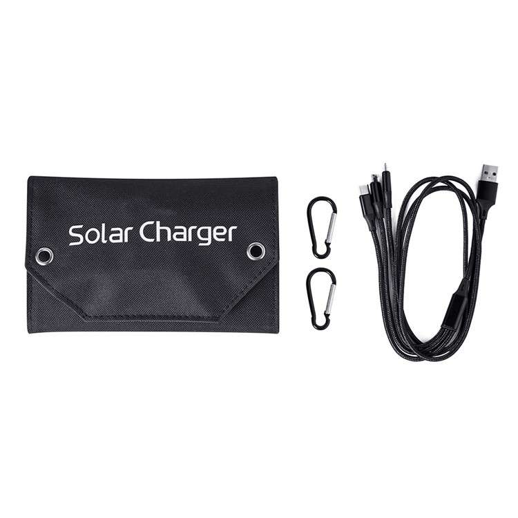 (12W) Faltbares Solar Panel Sonnenkollektor mit USB A Anschluss   Karabiner Haken und 3in1 Ladekabel - Schwarz