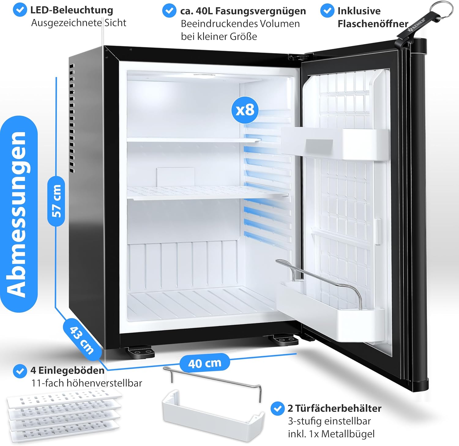 KESSER® Mini réfrigérateur avec Serrure, Mini Bar de 40 l, Silencieux, 22 DB, verrouillable, Chambre à Coucher, butée de Porte Amovible, env. 4 à 16 °C, Hauteur 57 cm, éclairage intérieur