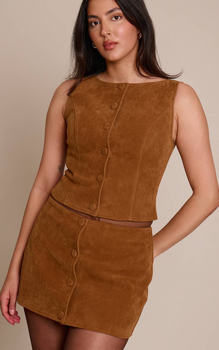 Marron Ensemble Jupe Courte Boutonnée En Synthétique
