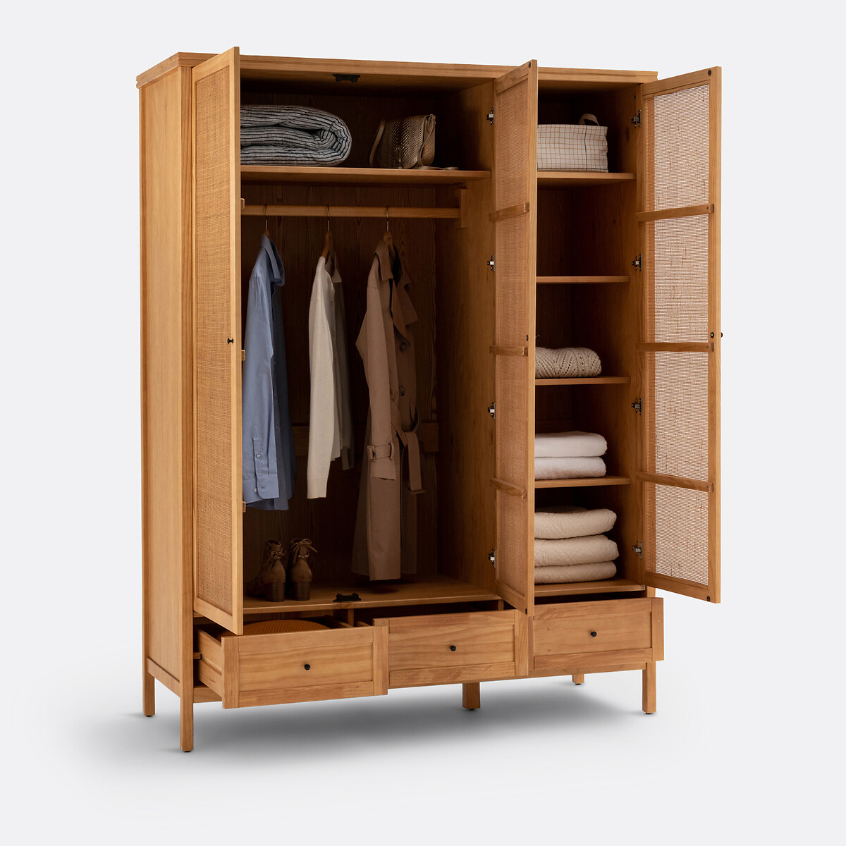 LA REDOUTE INTERIEURS<br>Armário com 3 portas em pinho maciço e rattan, Gabin