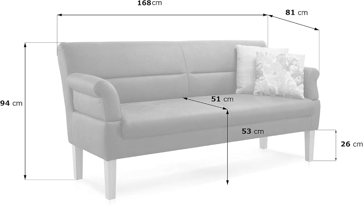 CAVADORE 2,5-Sitzer Küchensofa Kira / Sitzbank für Küche, Esszimmer oder Wohnküche inkl. Armteilverstellung / Leichte Fleckenentfernung dank Soft Clean / 168 x 94 x 81 / Flachgewebe: Blau