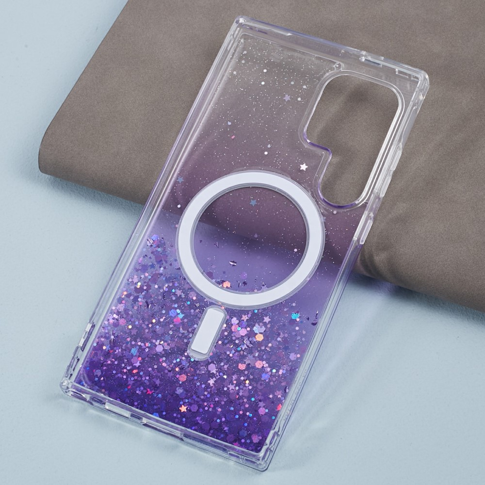 Samsung Galaxy S24 Ultra Hülle mit Acryl Rückseite und Farbverlauf im Glitzer Design MagSafe-Modul - Lila