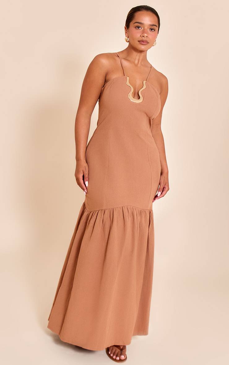 Moka Robe Maxi Shape En Lin Moka À Bordure Ondulée Dorée Et Ourlet Asymétrique