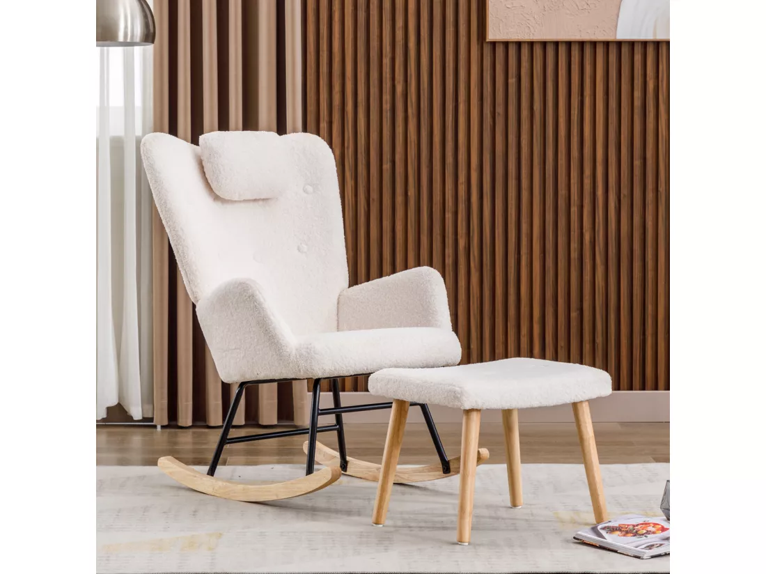 Chaise à bascule confortable en peluche teddy blanche