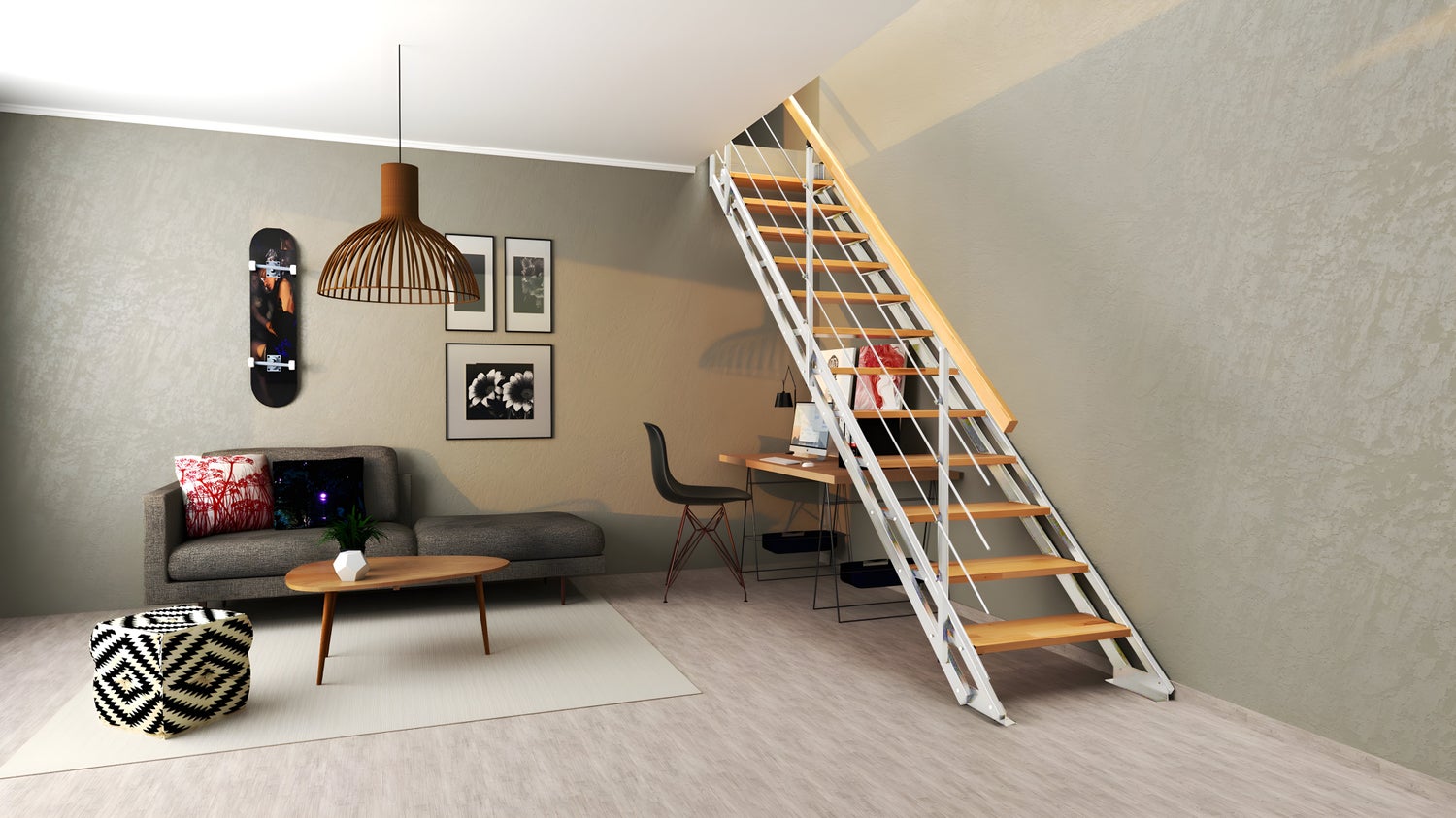 HANDYSTAIRS rechte trap “Synth2” – metalen trap (wit) met 7 treden van dennenhout – hoogte 1486 – 1696 mm