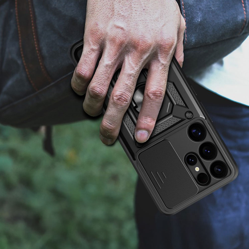 Samsung Galaxy S25 Ultra Hybrid Outdoor Hardcase Hülle mit Cam-Slider   Magnetischer Kickstand - Schwarz