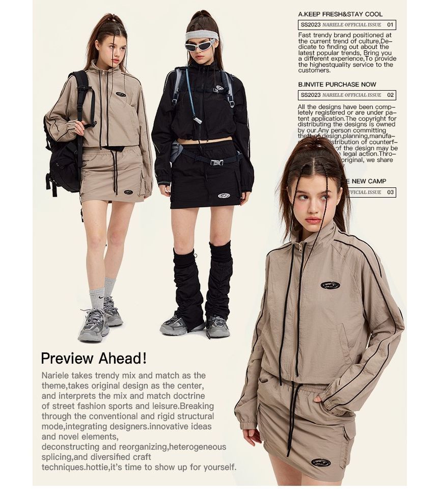 Nariele - Cropped jack met opstaande kraag en ritssluiting / Mini-kokerrok met trekkoordtaille
