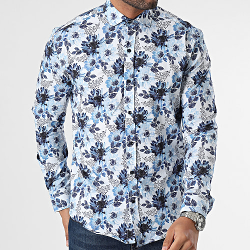 Chemise Manches Longues Blanc Bleu Clair Floral