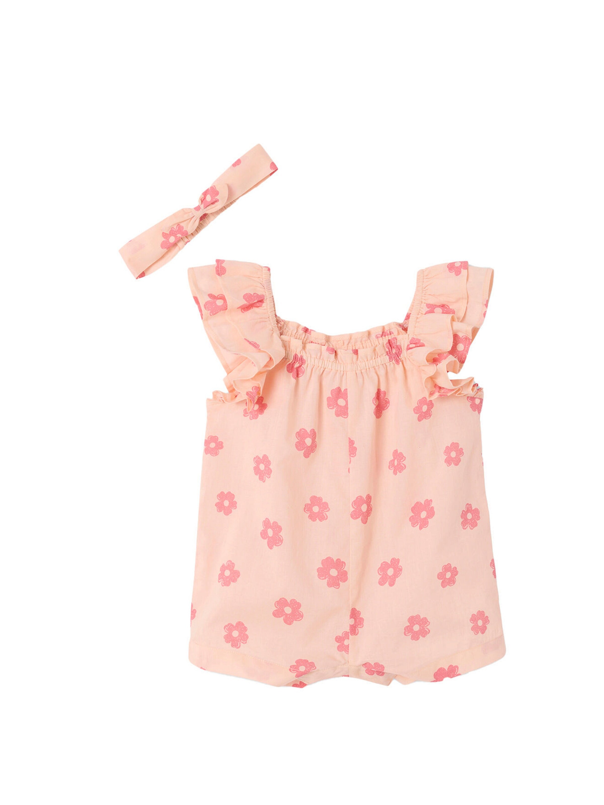 Vertbaudet Kurzer Mädchen Baby Overall aus geblümtem Voile hellrosa