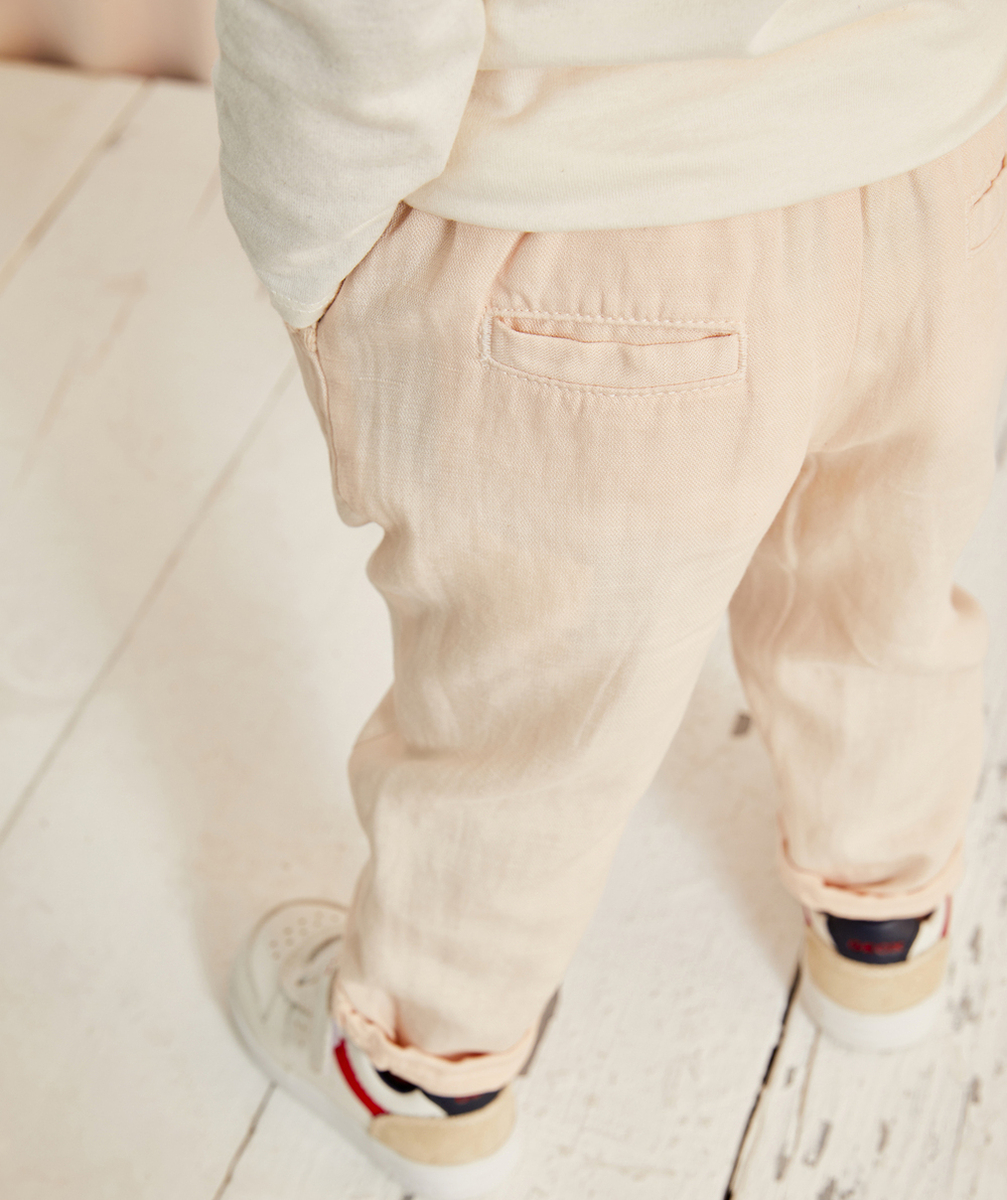 PANTALON FLUIDE BÉBÉ FILLE ROSE EN TENCEL ET LIN