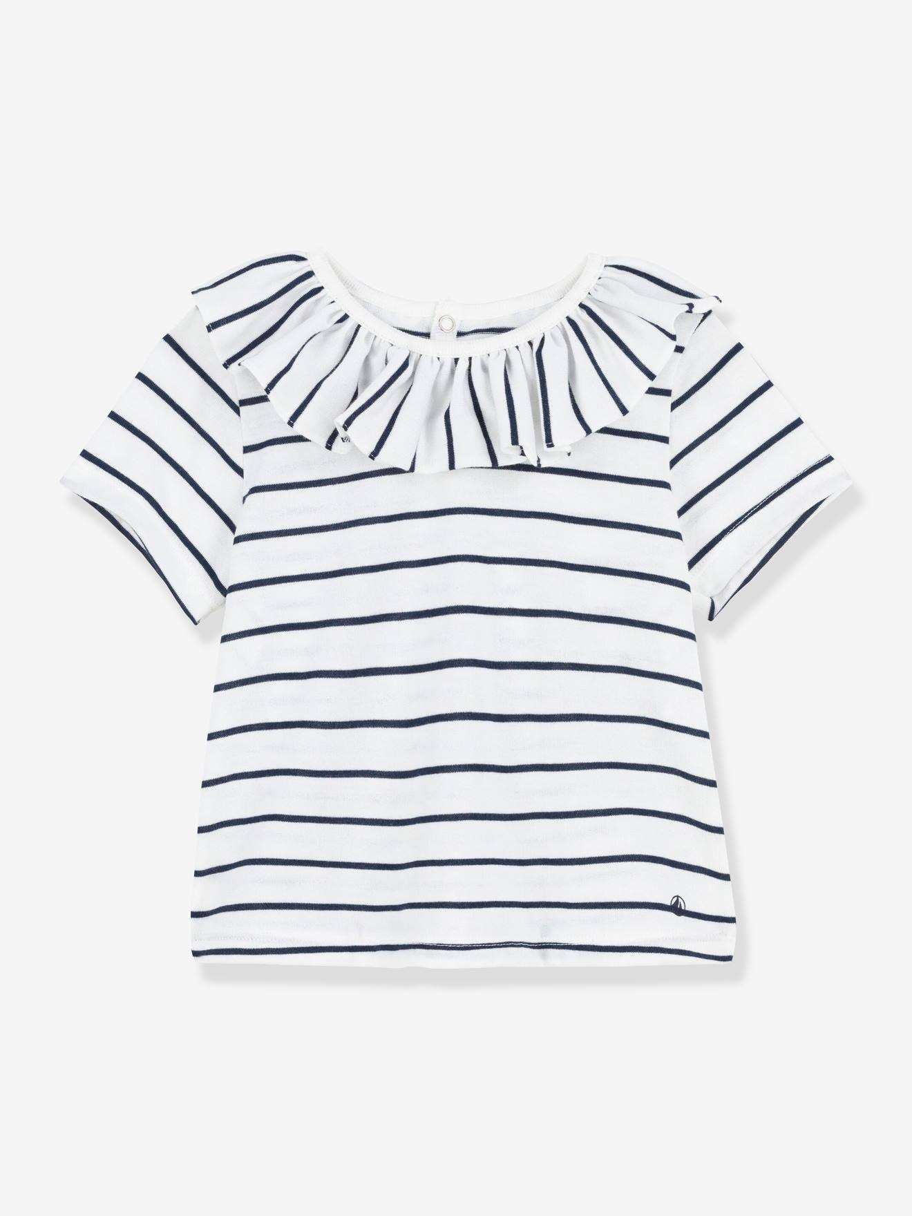 Blusa de malha listrada de manga curta para bebê PETIT BATEAU, tamanho médio, branca com listras.