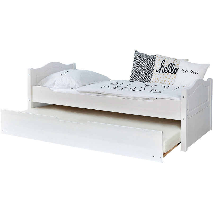 TiCAA Einzelbett Leni 90 x 200 cm Kiefer weiß mit Zusatzbett