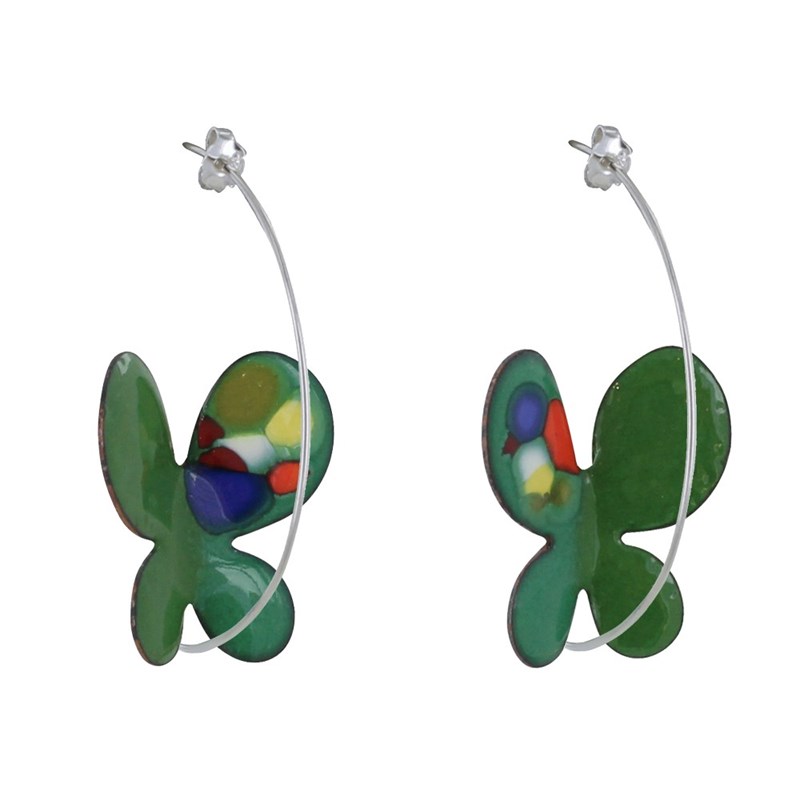 Boucles d'Oreilles Papillons Émaillés Vert Points Multicolores