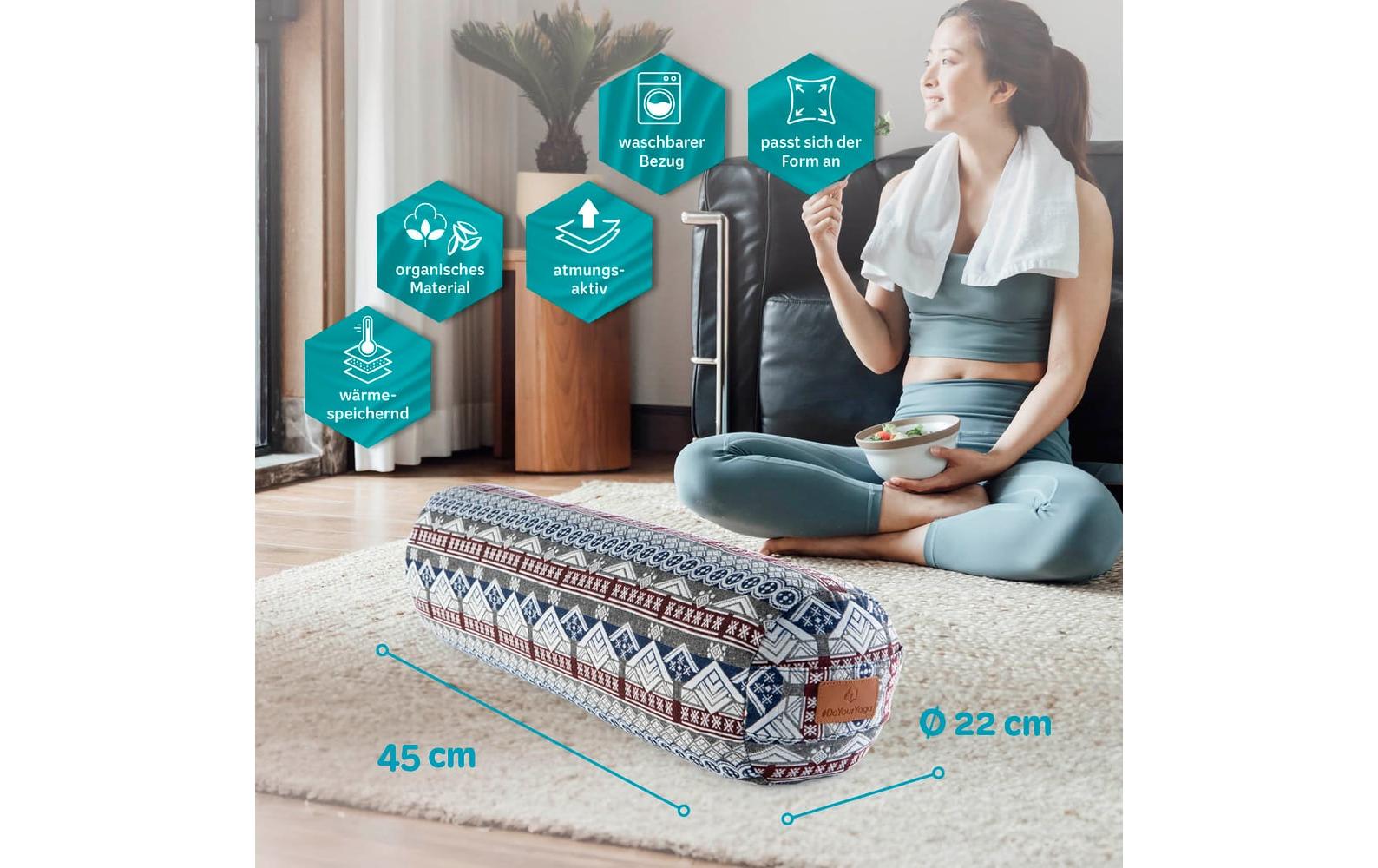 Yoga-Bolster Tarik, Dinkelspelz, Mehrfarbig/WeissYogarolle