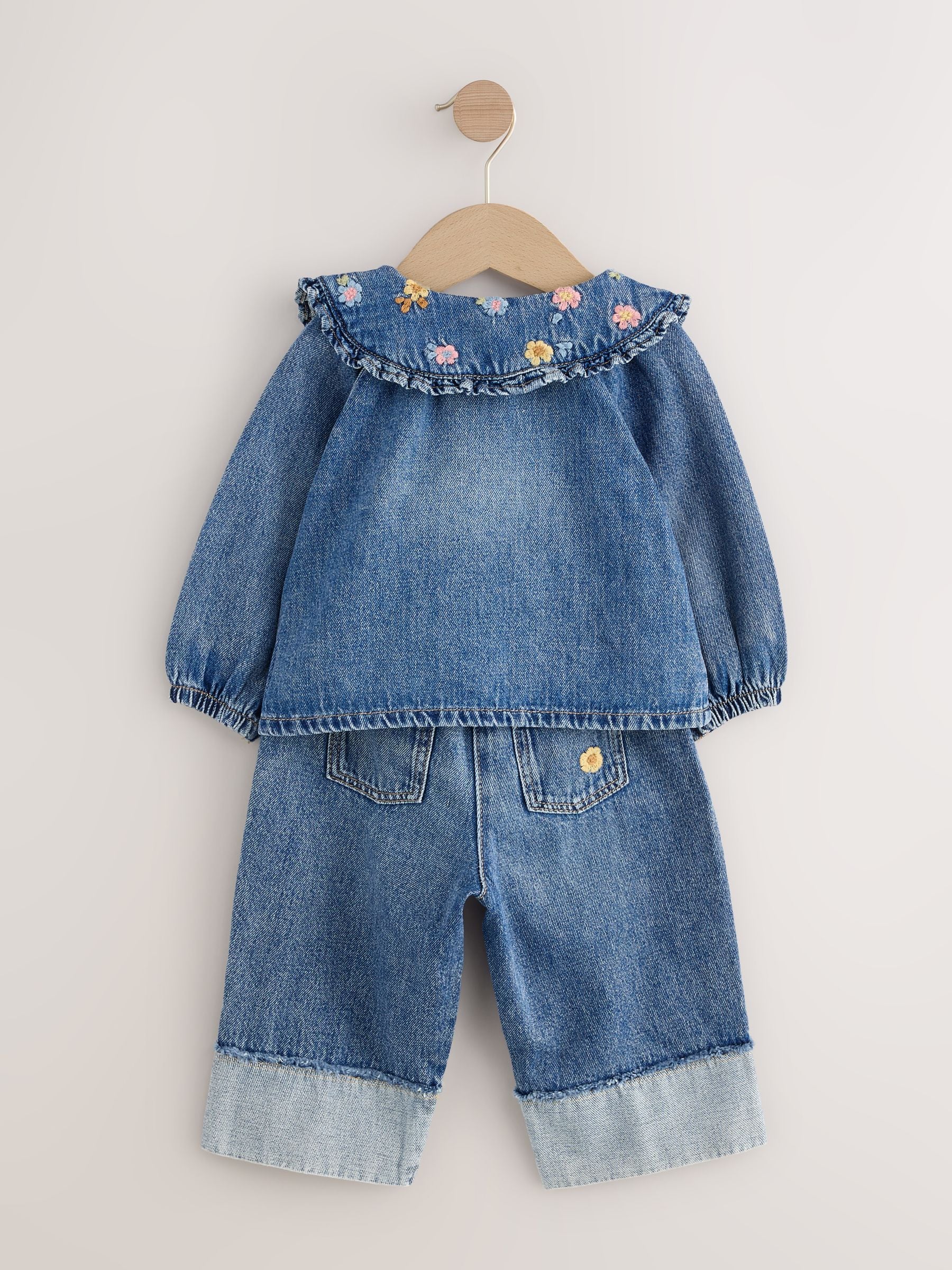 Denim - Set van wijde pijpen jeans en jack met bloemenborduursel (3mnd-7jr)