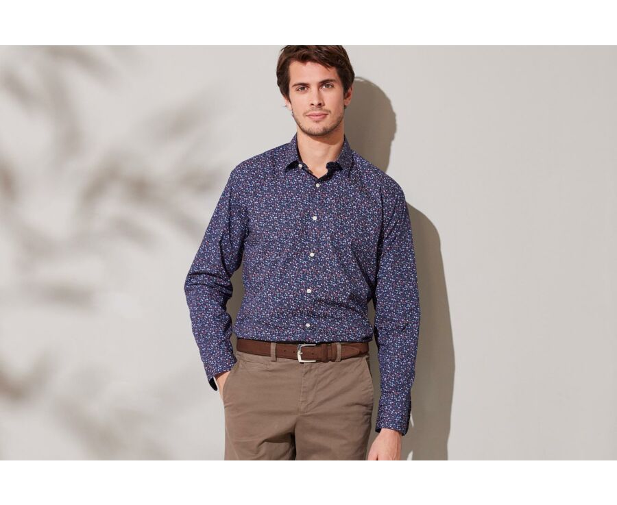 Chemise homme bleue foncée à motif floral rouge et bleu - GASSIEN