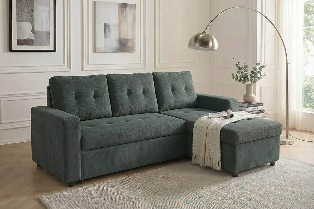 Modernes Ecksofa APARTMENT 205cm grün Cord 3-Sitzer mit Bettfunktion und Stauraum