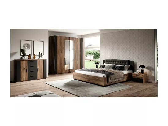 Commode design 2 portes et 4 tiroirs – 130 cm – Chêne foncé et noir – Collection FOX