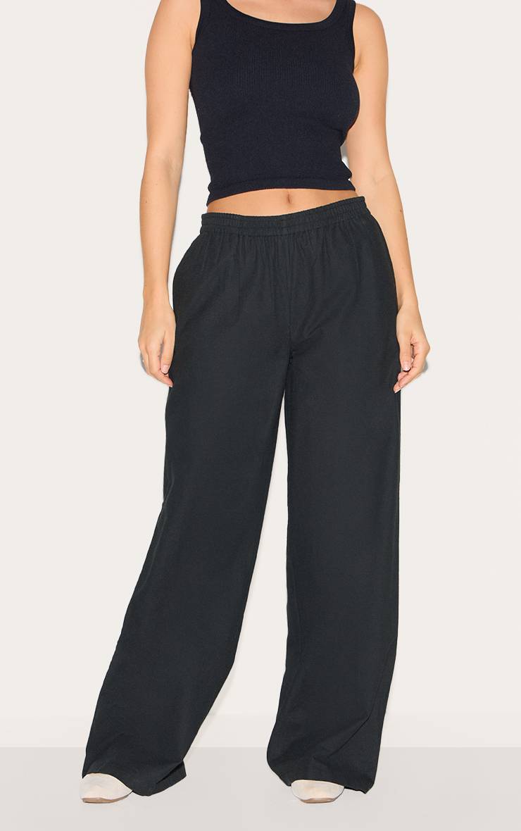 Noir Pantalon Droit À Taille Élastiquée En Mélange Coton Lin