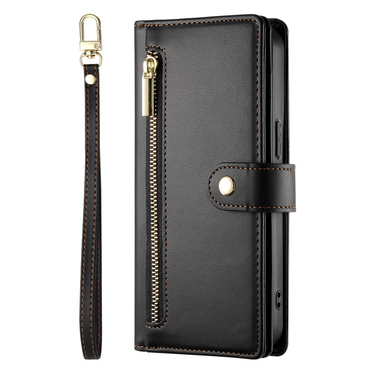 iPhone 16e Leder Tasche Flip Cover mit Reissverschluss   Handschalufe - Schwarz