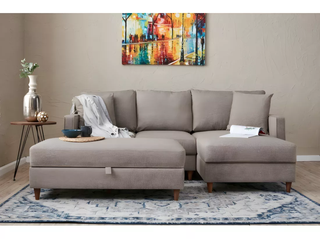 Canapé d'angle à droite convertible avec pouf-coffre Evania Tissu Taupe
