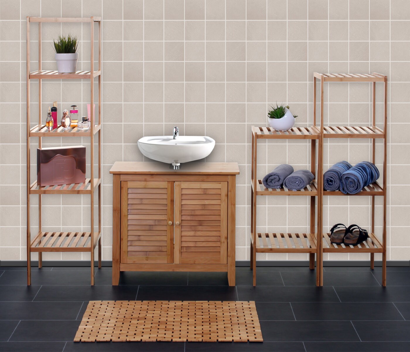 Badezimmerset MCW-B18, Komplett Badezimmer Badmöbel Badset Badschrank, Bambus