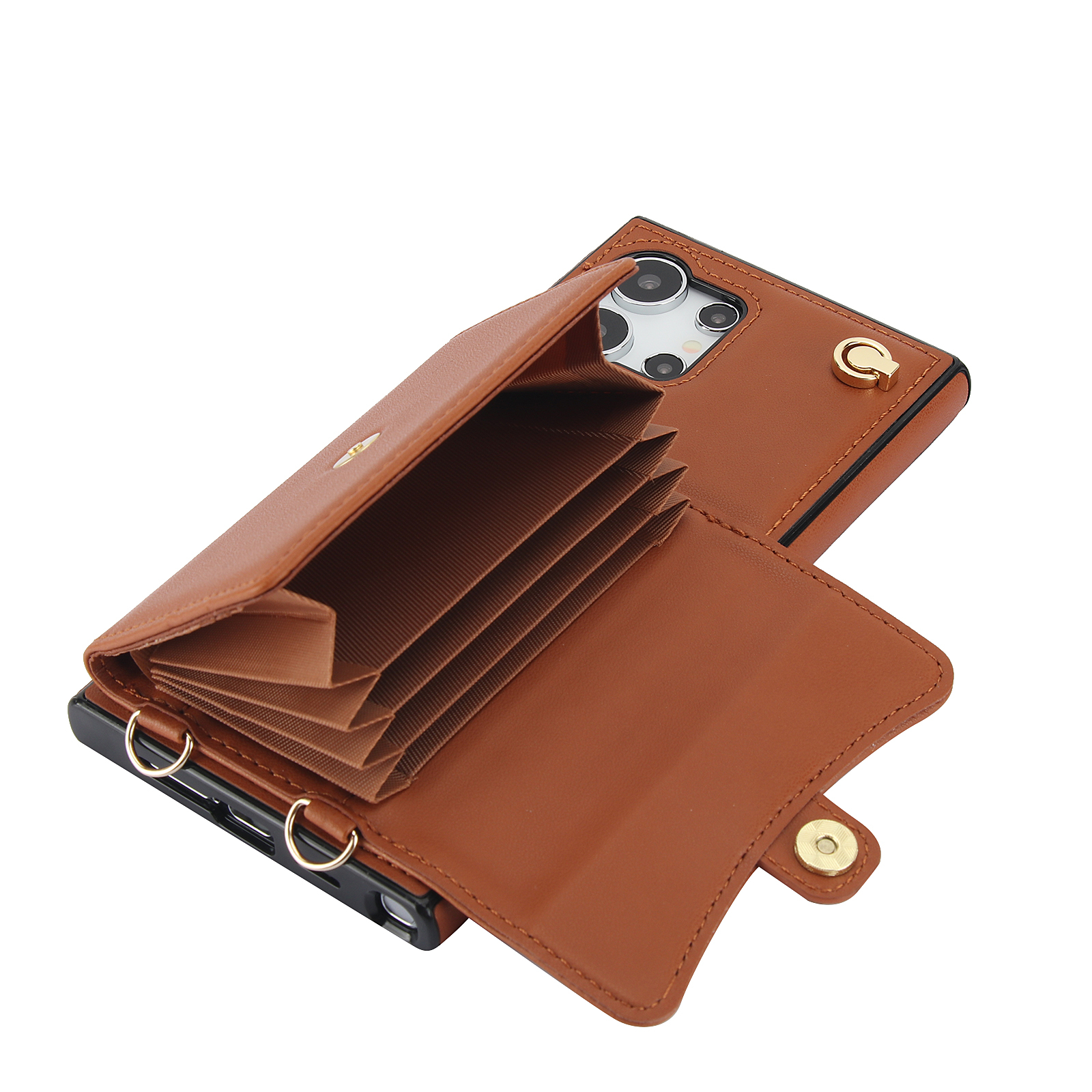 Samsung Galaxy S24 Ultra Necklace Leder Schutz Hülle mit Kartenfach   Handykette (140cm) - Braun