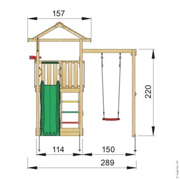 Speeltoestel Jungle Gym House grenen geïmpregneerd met glijbaan donker groen en 1-schommel module