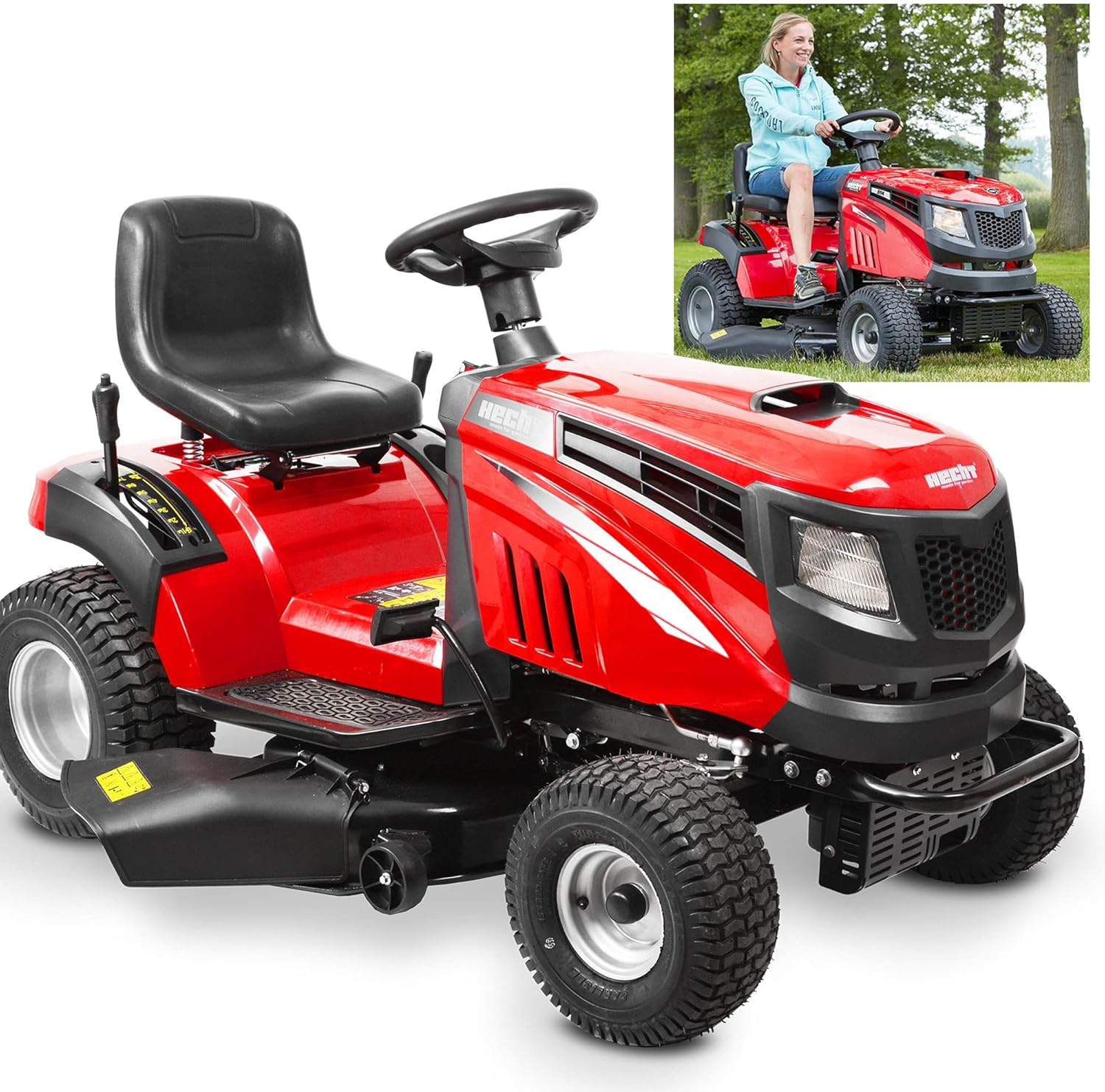 HECHT Rasentraktor 12 PS- Mit Seitenauswurf – Benzin Rasenmäher Traktor mit Einzylinder 4-Takt-OHV Motor – 8,8 kW– Aufsitzrasenmäher für große Rasen Flächen – 98 cm Schnittbreite