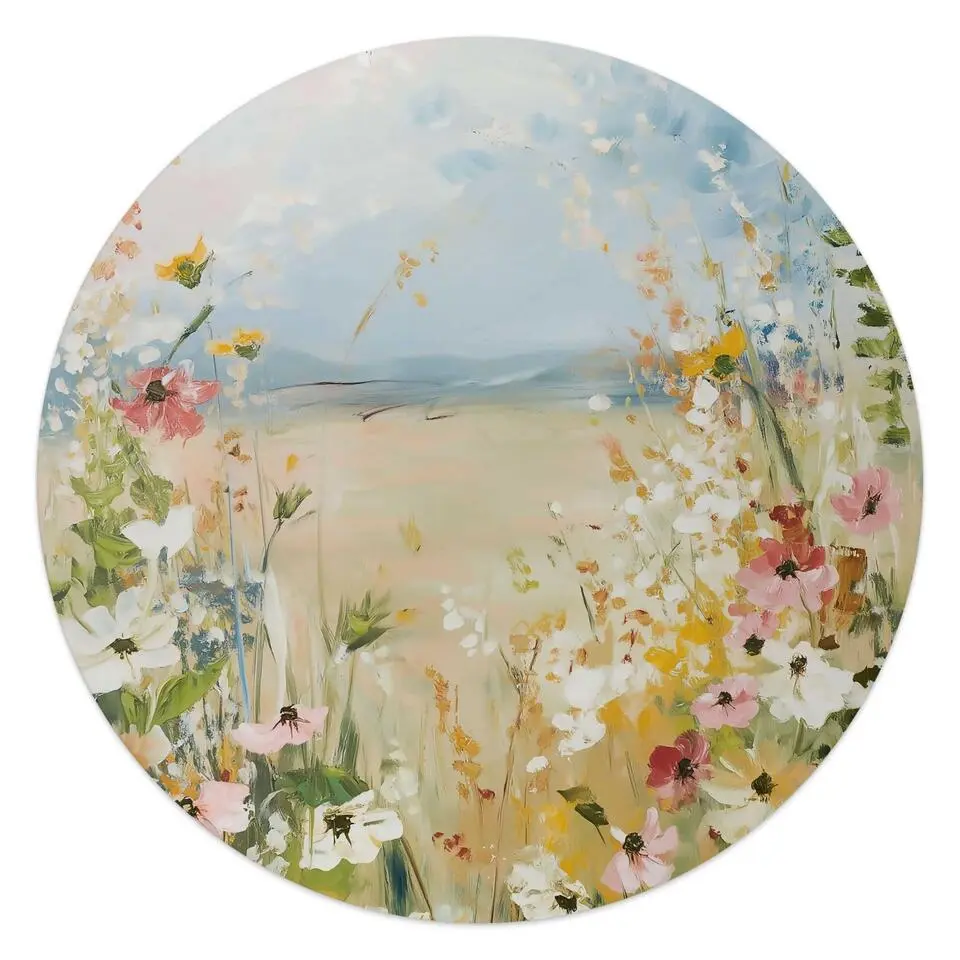 Glasschilderij Veld in bloei - Ø 50cm - Beige