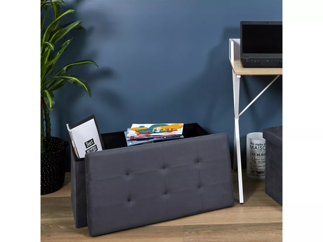 Coffre Banc Pliable Suedine Gris Fonce