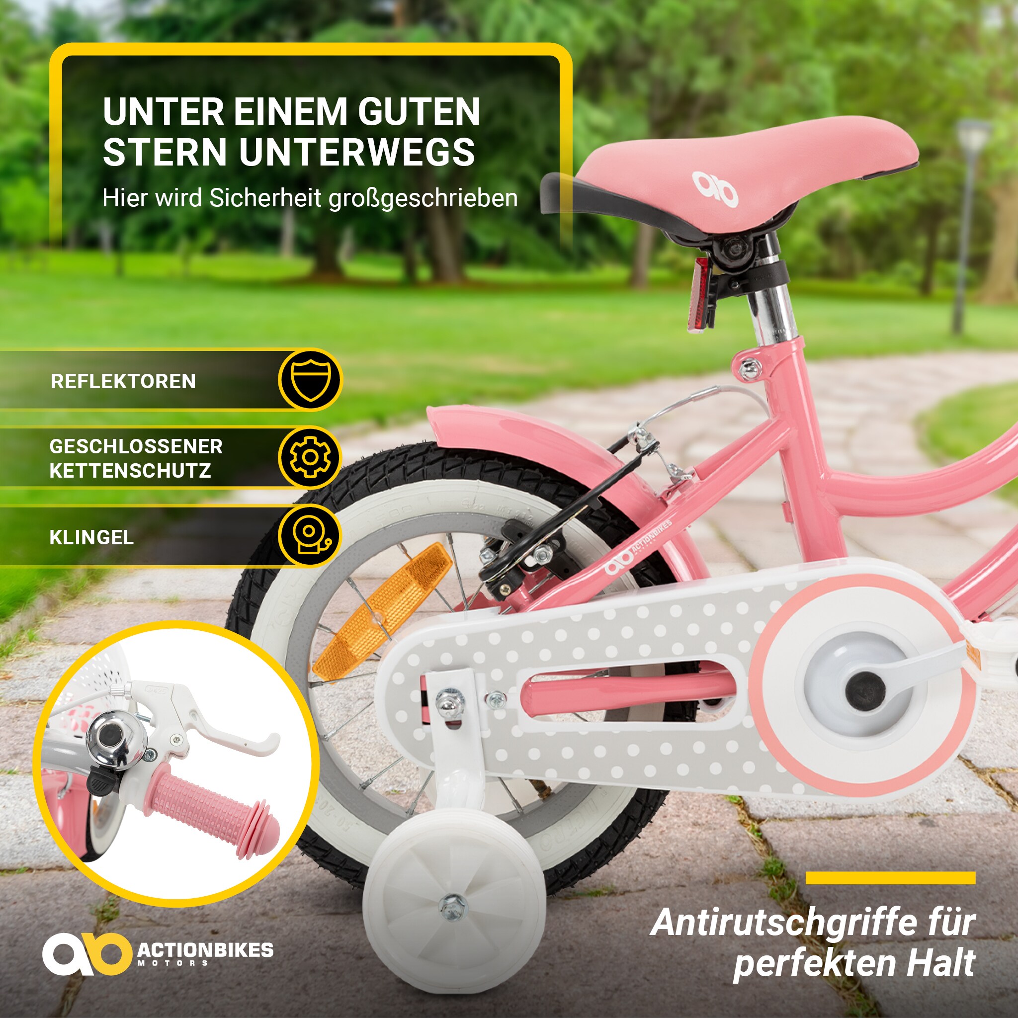 Actionbikes Kinderfahrrad Starlight 12 Zoll, Rosa, Stützräder, Fahrradkorb, Klingel, Kettenschutz (Classic)