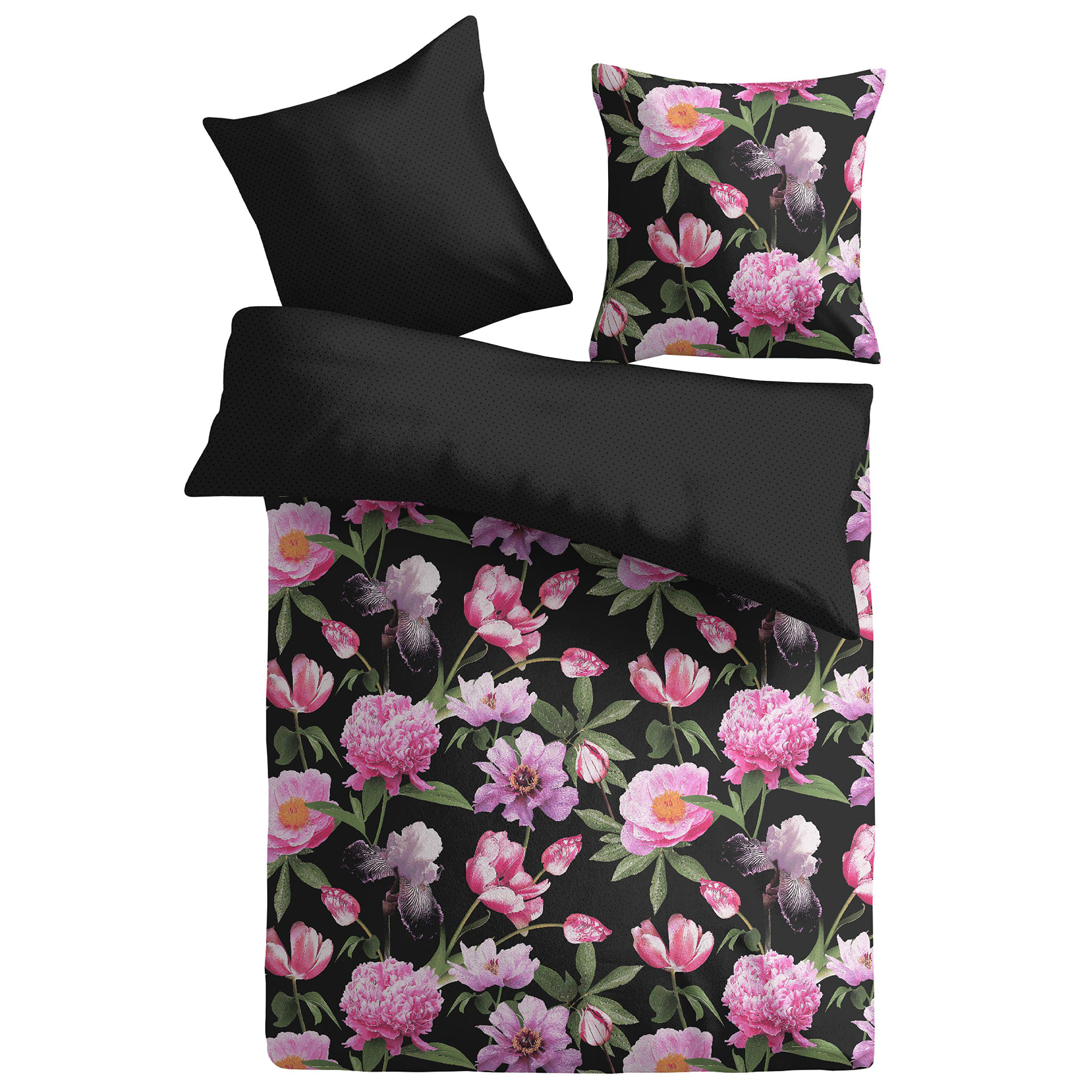 Microfaser-Bettwäsche - schwarz-pink - Blumen - 135x200 cm