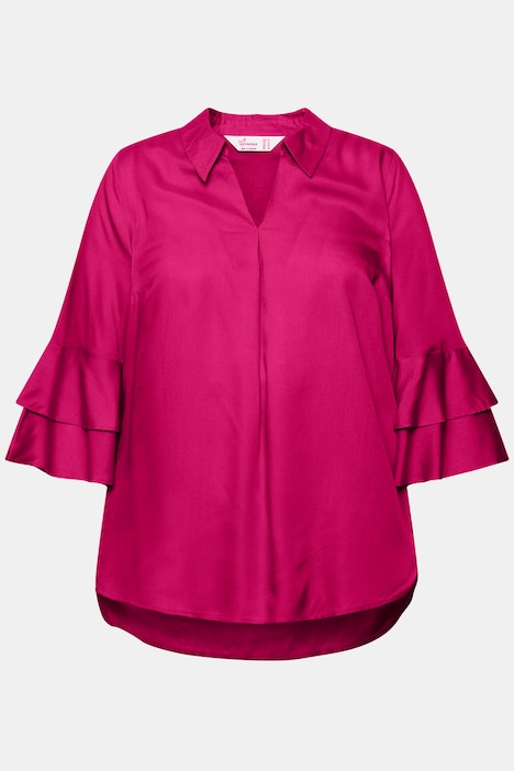 Bluse, A-Linie, Satin, 3/4-Ärmel mit Doppelvolant