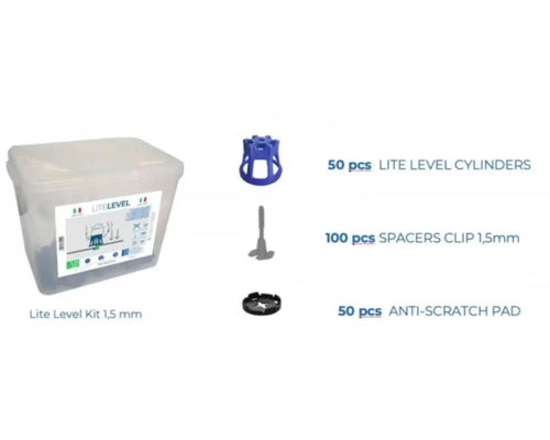Waterpassysteemset Lite Level 1,5 mm: 50 draaicilinders, 100 schroefdraadlippen, 50 krasbeschermers