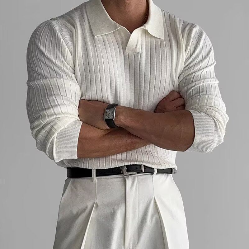 Lefitt - Poloshirt met lange mouwen en open knoopsluiting, effen gebreid